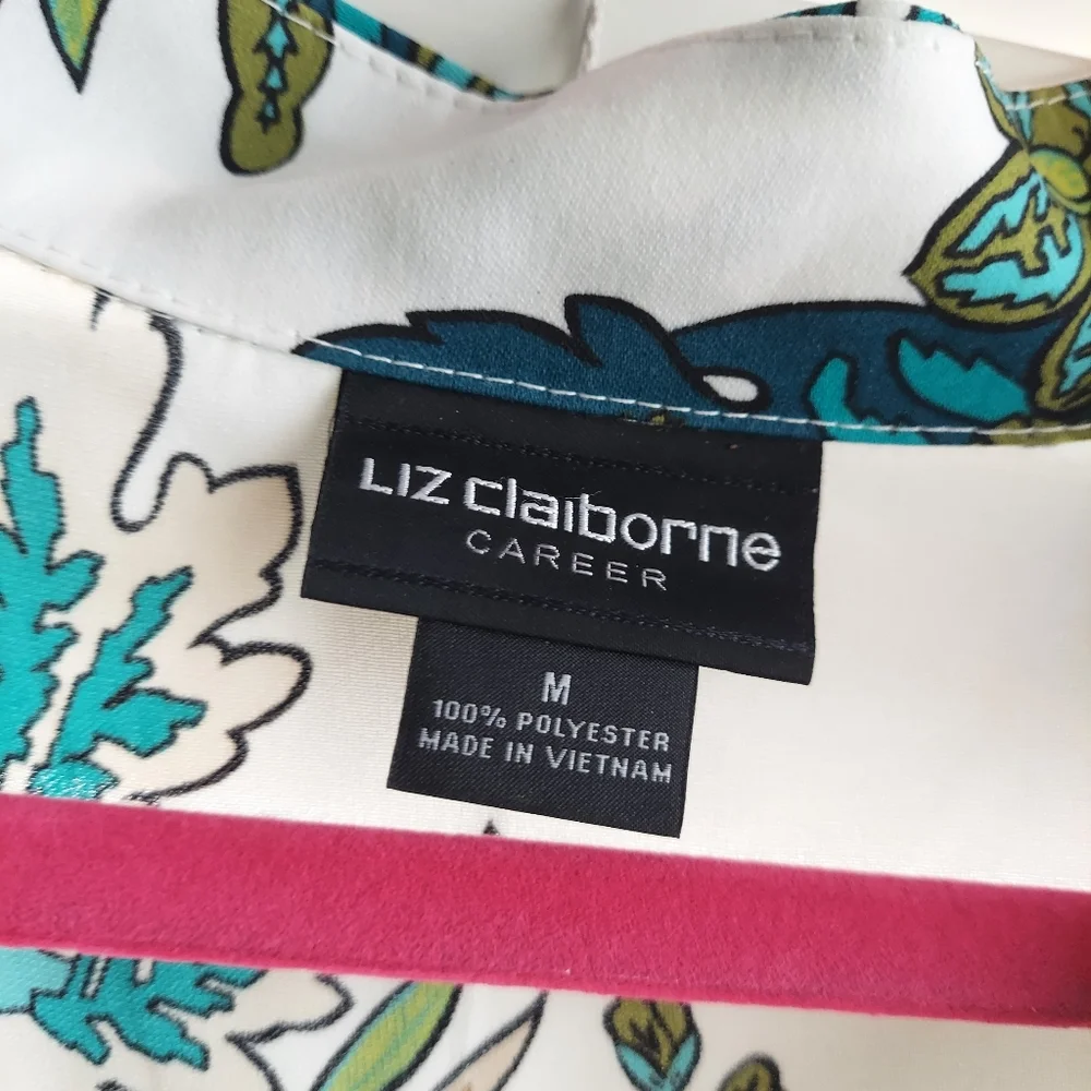 Liz Claiborne Career Sleeveless Floral Blouse Medium Blue Green Teal Flowy Top - Picture 5 of 5